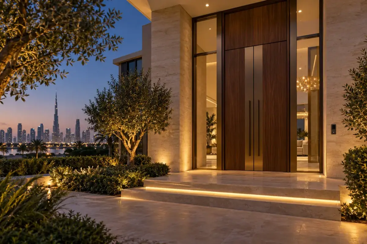 A stone and walnut villa entrance lit warmly at dusk.