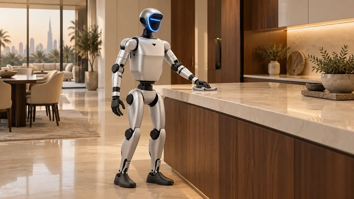 Illustration: the Homejay Humanoid in the kitchen. A dry wipe of a clear counter you have chosen, with you nearby.