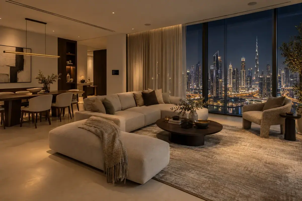 A warm Dubai apartment living room at night with the skyline beyond the windows.